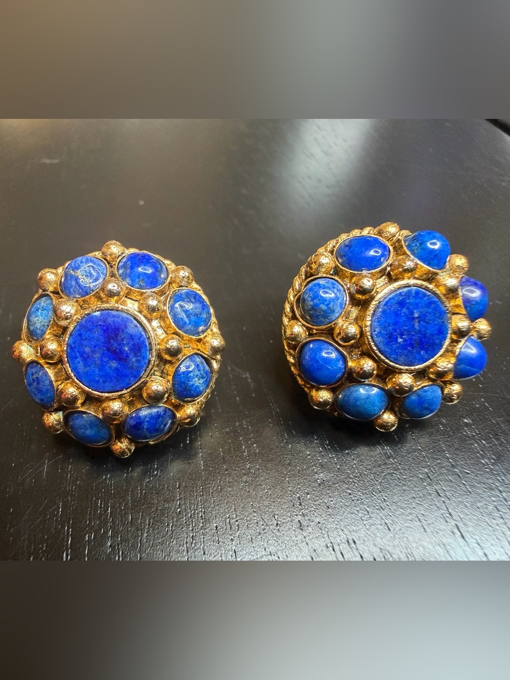 Gold-Tone Blue Stone Cluster Clip Earrings
